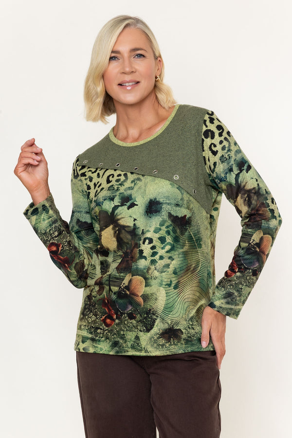Carraig Donn Olive Green Animal Print Rivet Detail Long Sleeve Top