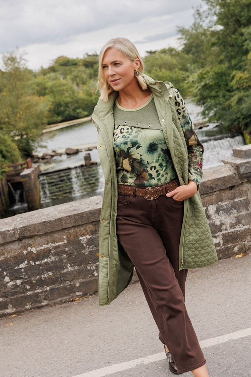 Carraig Donn Olive Green Animal Print Rivet Detail Long Sleeve Top