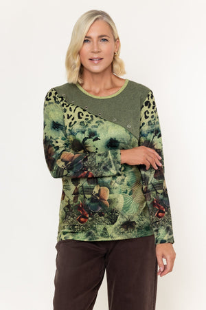 Carraig Donn Olive Green Animal Print Rivet Detail Long Sleeve Top