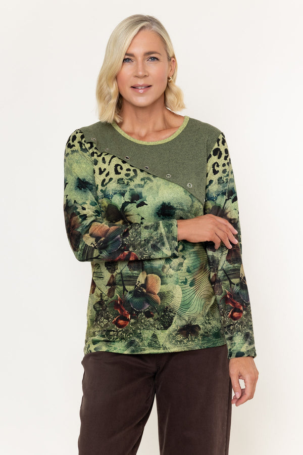 Carraig Donn Olive Green Animal Print Rivet Detail Long Sleeve Top
