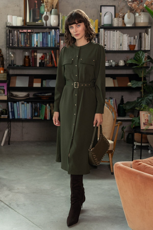 Carraig Donn Olive Green Collarless Belted Long Sleeve Midi Shirt Dress
