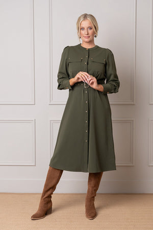 Carraig Donn Olive Green Collarless Belted Long Sleeve Midi Shirt Dress