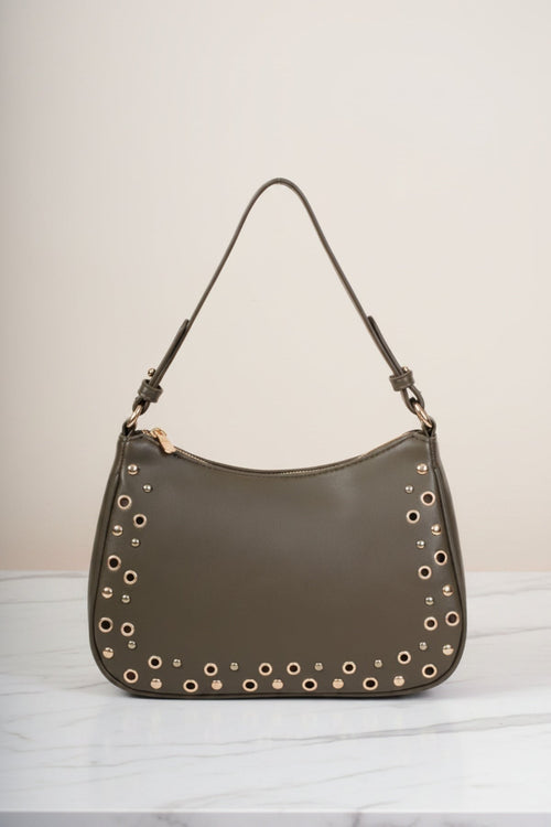 Olive Green Eyelet & Stud Shoulder Bag