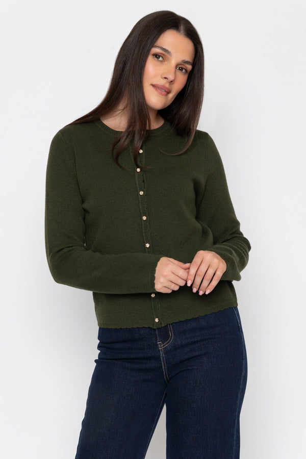 Carraig Donn Olive Green Knitted Regular Fit Scallop Detail Long Sleeve Cardigan