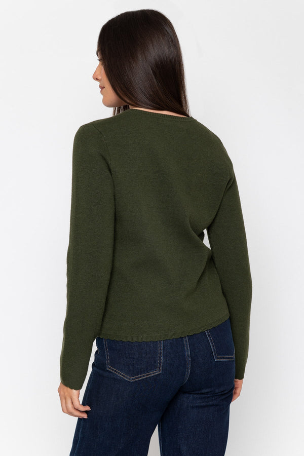 Carraig Donn Olive Green Knitted Regular Fit Scallop Detail Long Sleeve Cardigan