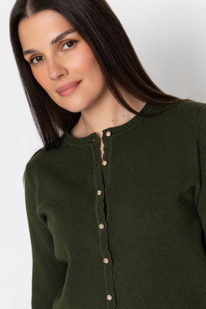 Carraig Donn Olive Green Knitted Regular Fit Scallop Detail Long Sleeve Cardigan