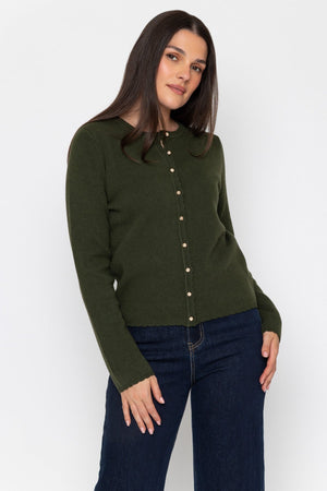 Carraig Donn Olive Green Knitted Regular Fit Scallop Detail Long Sleeve Cardigan