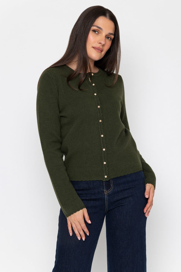 Carraig Donn Olive Green Knitted Regular Fit Scallop Detail Long Sleeve Cardigan