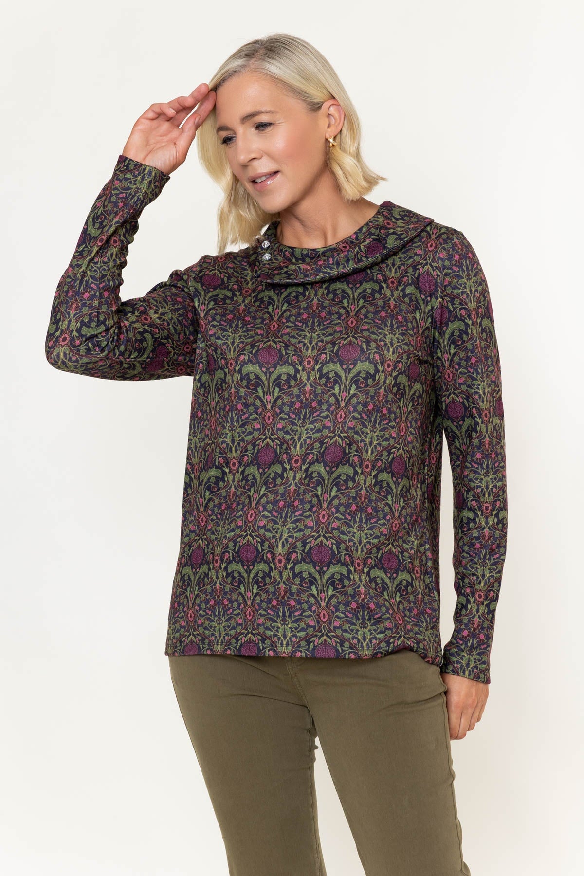 Olive Green Print Button Cowl Neck Long Sleeve Top