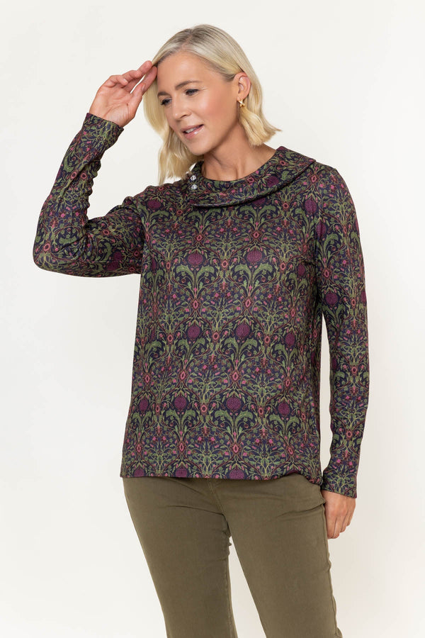 Carraig Donn Olive Green Print Button Cowl Neck Long Sleeve Top