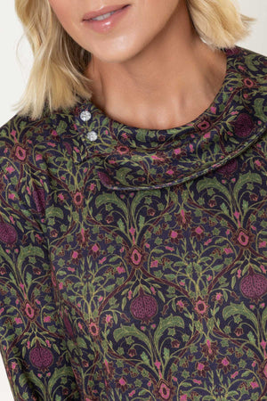 Carraig Donn Olive Green Print Button Cowl Neck Long Sleeve Top