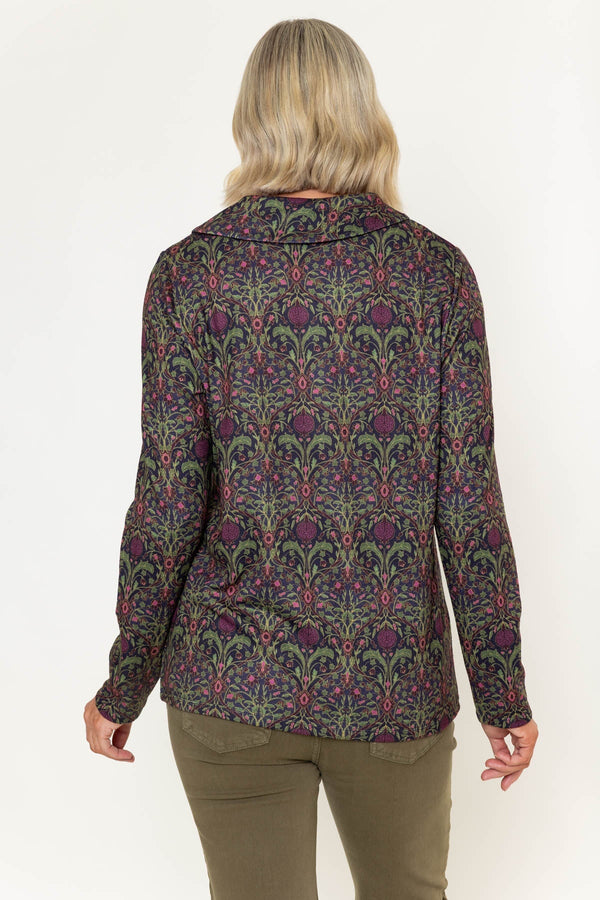 Carraig Donn Olive Green Print Button Cowl Neck Long Sleeve Top