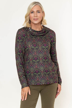 Carraig Donn Olive Green Print Button Cowl Neck Long Sleeve Top