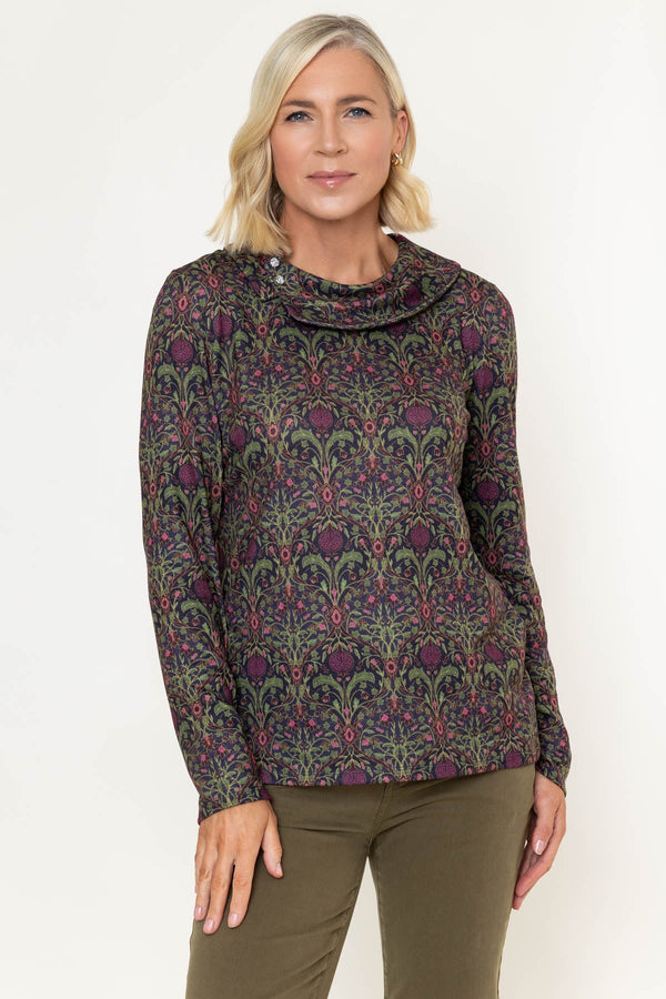 Carraig Donn Olive Green Print Button Cowl Neck Long Sleeve Top