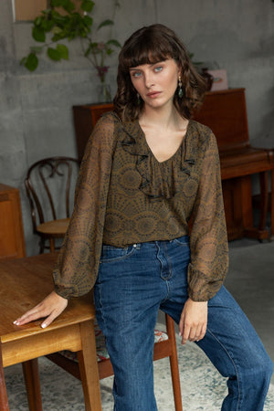 Carraig Donn Olive Green Printed Frill Collar Long Sleeve Blouse
