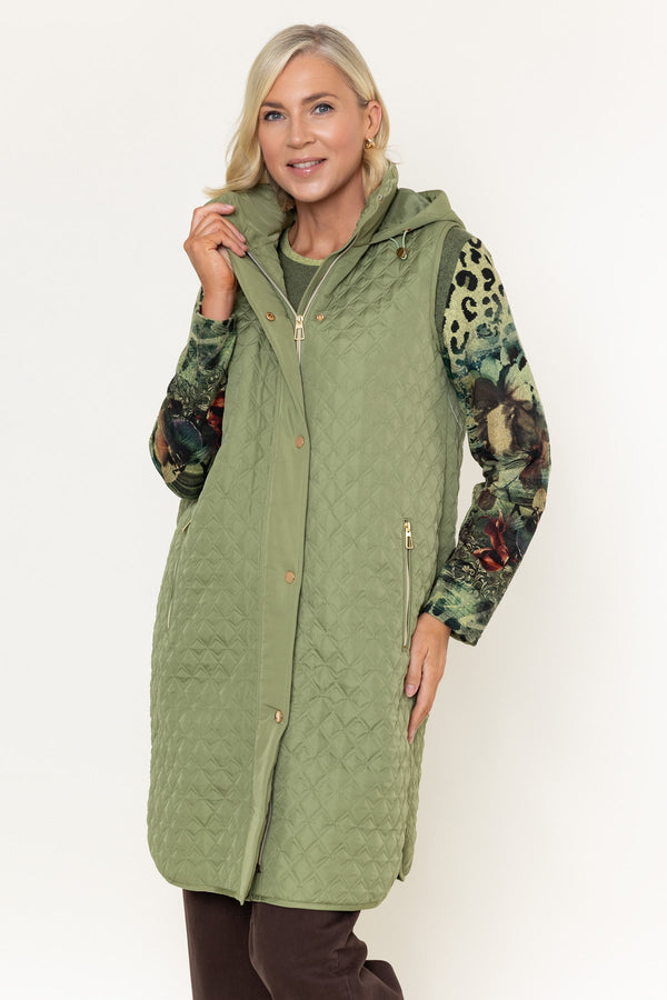 Carraig Donn Olive Green Quilted Longline Hooded Gilet