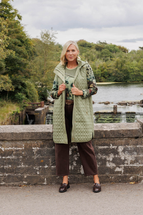 Carraig Donn Olive Green Quilted Longline Hooded Gilet