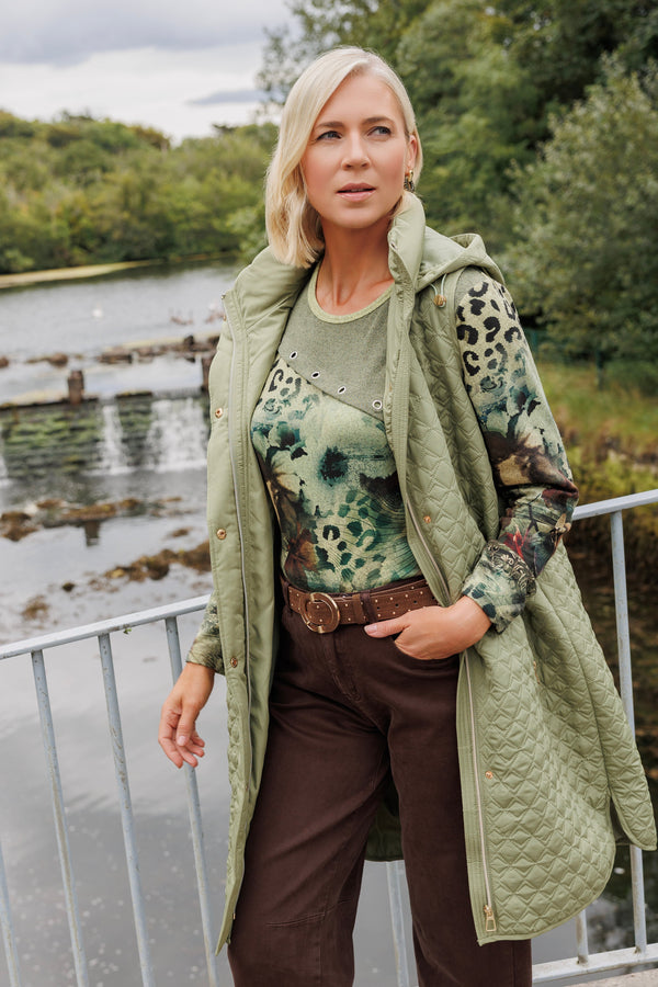 Carraig Donn Olive Green Quilted Longline Hooded Gilet