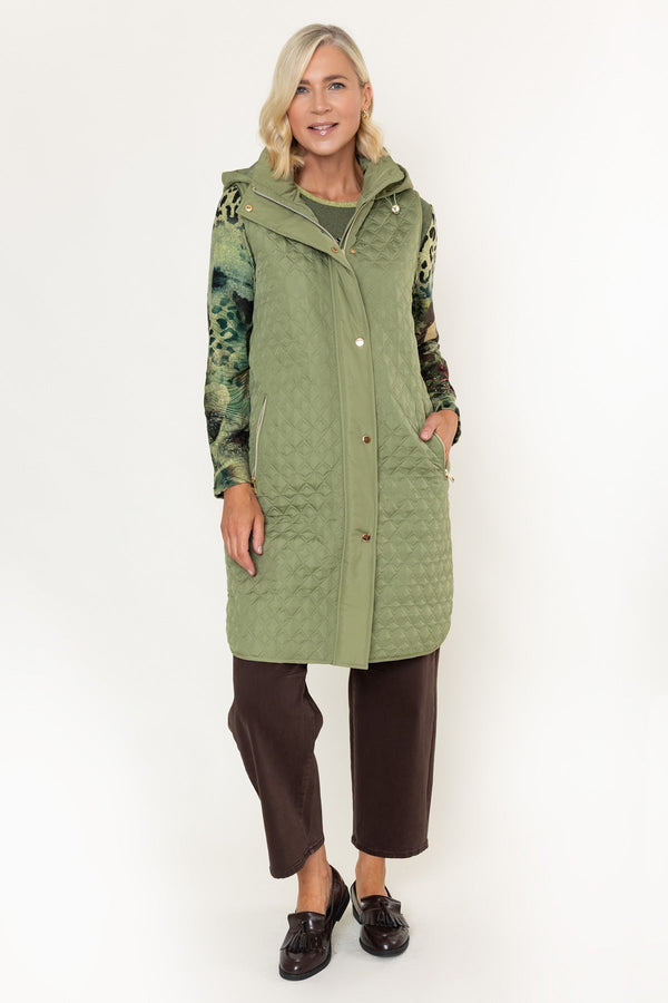 Carraig Donn Olive Green Quilted Longline Hooded Gilet