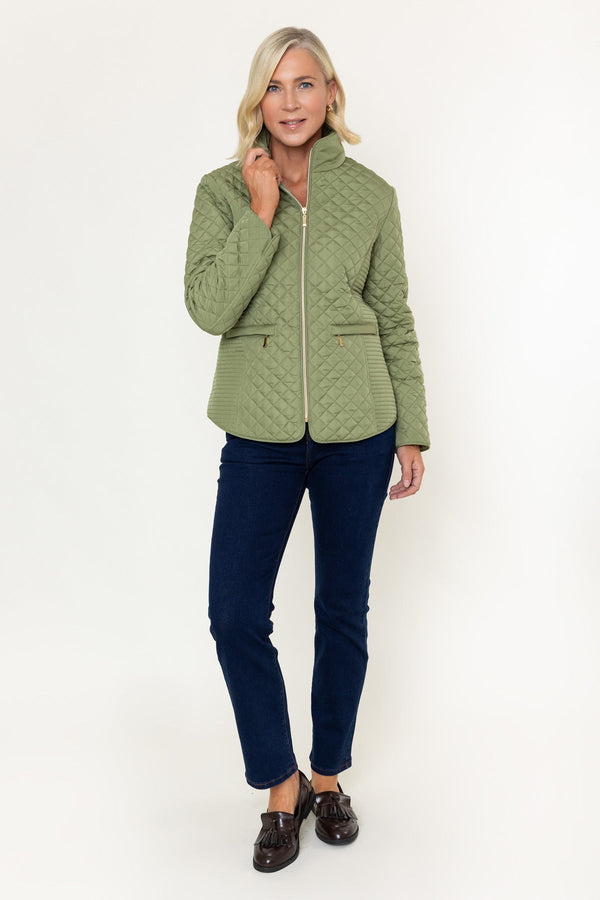 Carraig Donn Olive Green Quilted Short High Neck Long Sleeve Jacket