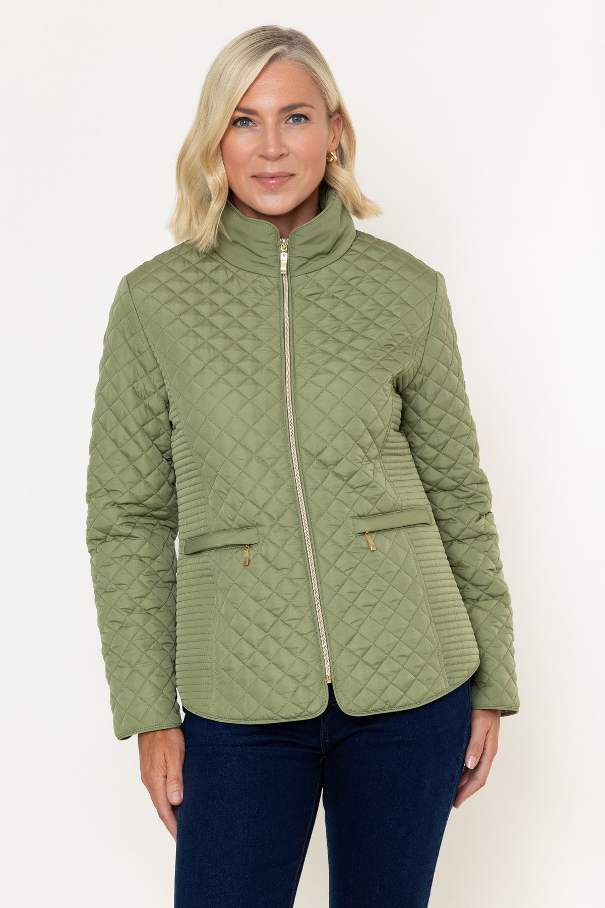 Olive Green Quilted Short High Neck Long Sleeve Jacket