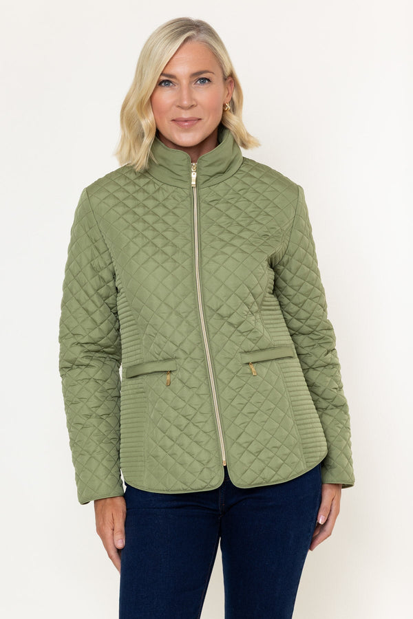 Carraig Donn Olive Green Quilted Short High Neck Long Sleeve Jacket