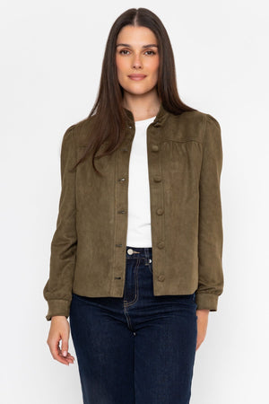 Carraig Donn Olive Green Suedette Regular Fit Button Front Puff Sleeve Jacket