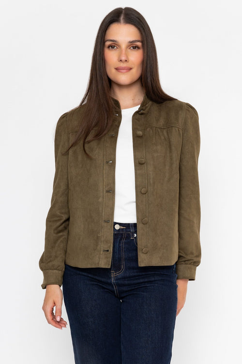 Carraig Donn Olive Green Suedette Regular Fit Button Front Puff Sleeve Jacket