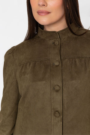 Carraig Donn Olive Green Suedette Regular Fit Button Front Puff Sleeve Jacket
