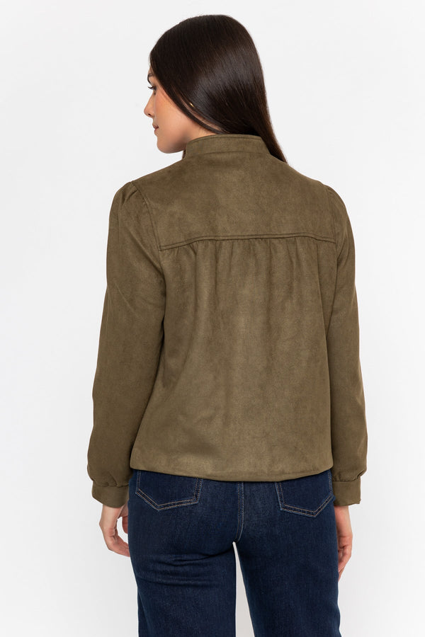 Carraig Donn Olive Green Suedette Regular Fit Button Front Puff Sleeve Jacket