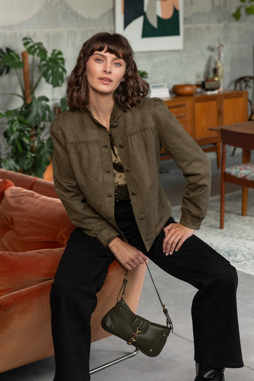Olive Green Suedette Regular Fit Button Front Puff Sleeve Jacket