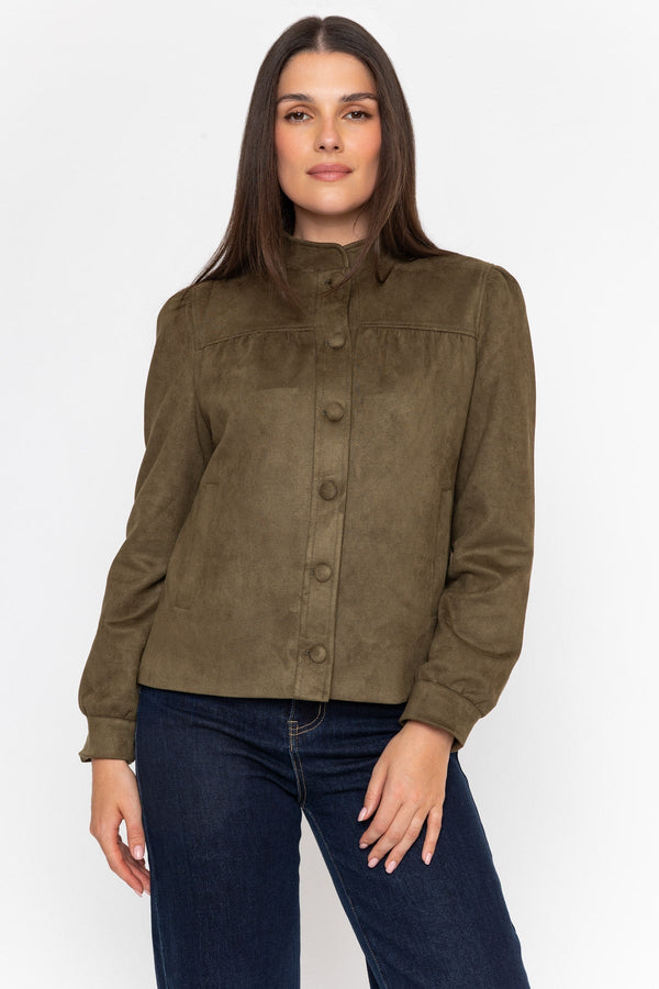 Carraig Donn Olive Green Suedette Regular Fit Button Front Puff Sleeve Jacket