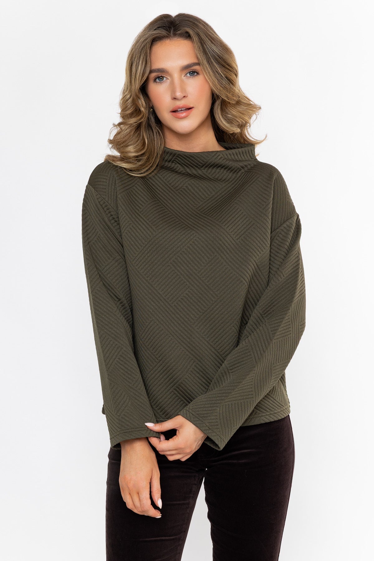 Olive Green Textured High Neck Long Sleeve Top