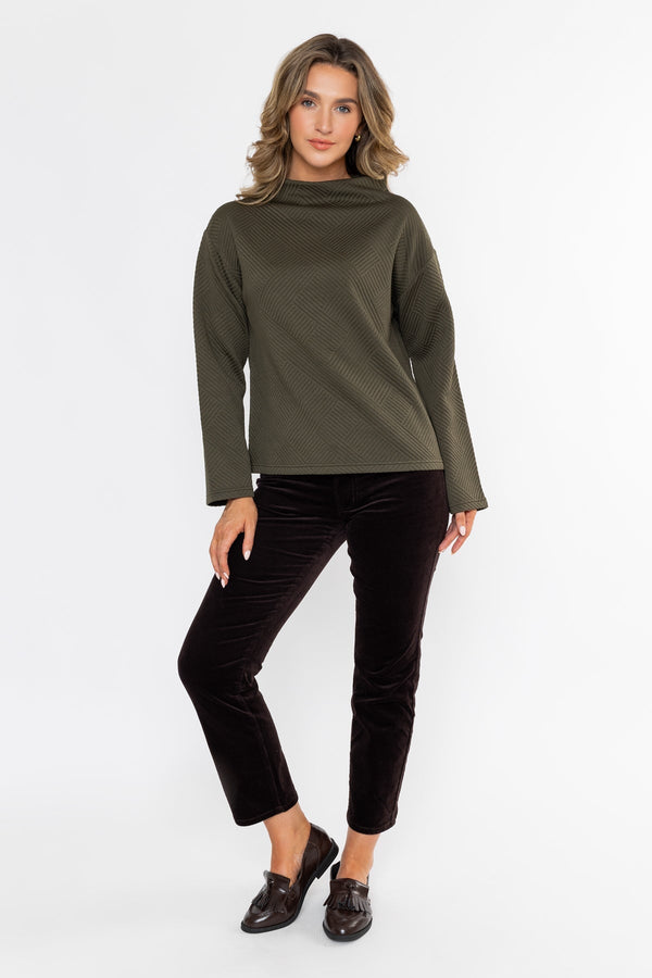 Carraig Donn Olive Green Textured High Neck Long Sleeve Top