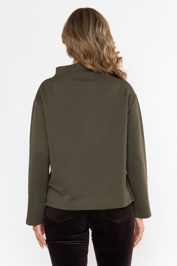 Carraig Donn Olive Green Textured High Neck Long Sleeve Top