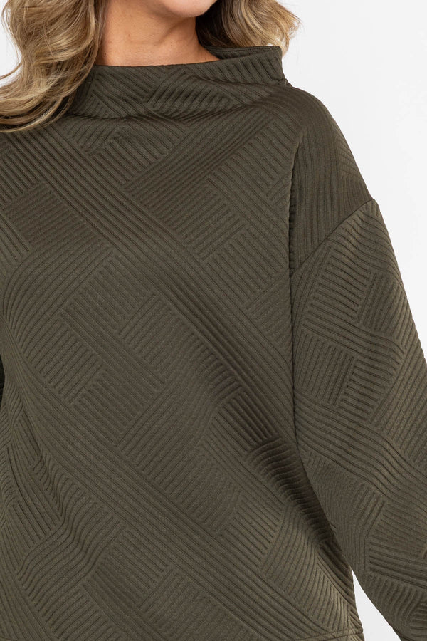 Carraig Donn Olive Green Textured High Neck Long Sleeve Top