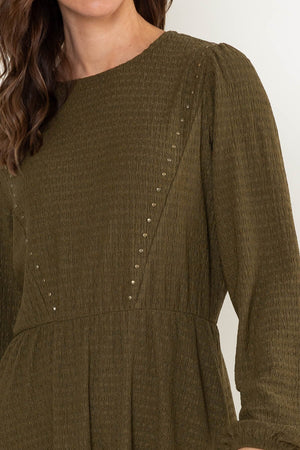 Carraig Donn Olive Green Textured Jersey Stud Detail Long Sleeve Knee Length Dress