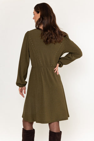 Carraig Donn Olive Green Textured Jersey Stud Detail Long Sleeve Knee Length Dress
