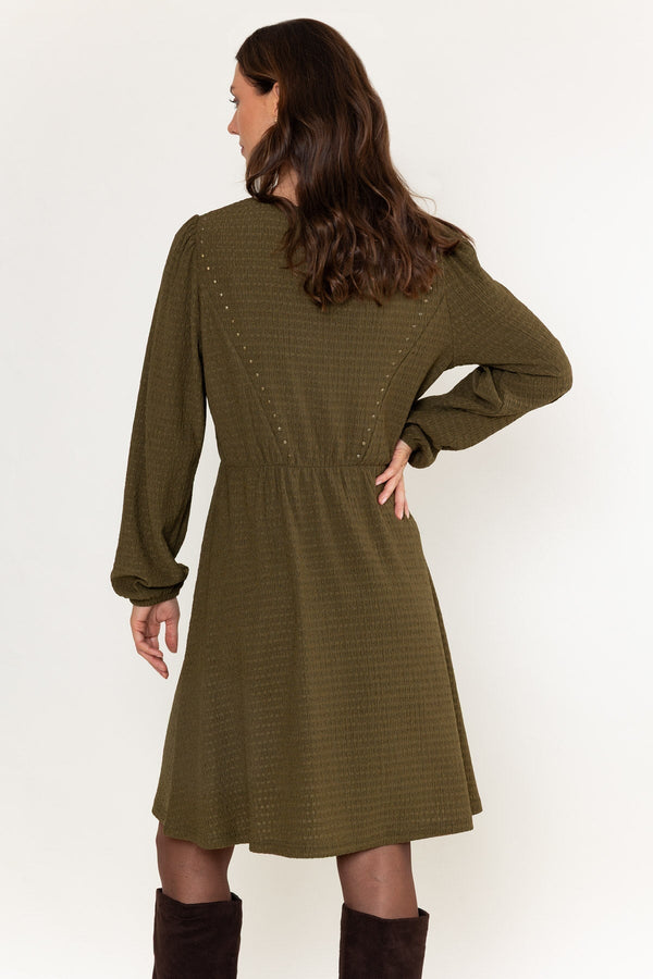 Carraig Donn Olive Green Textured Jersey Stud Detail Long Sleeve Knee Length Dress