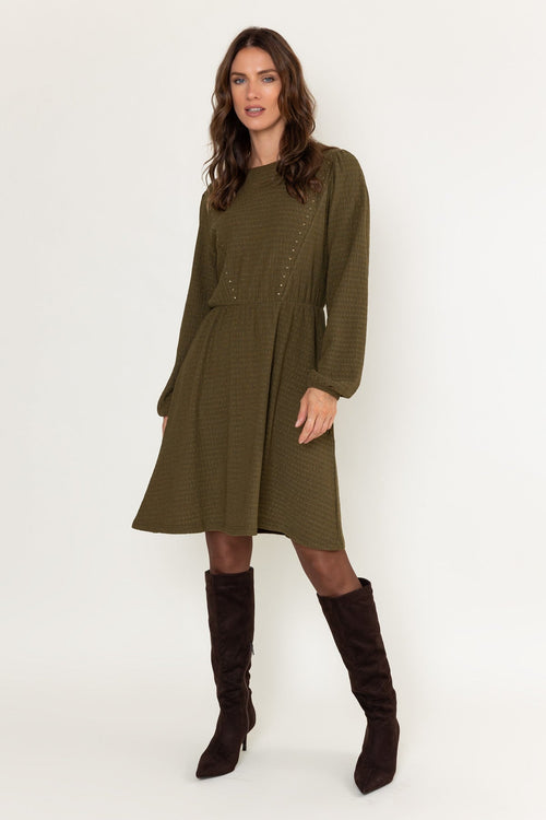 Olive Green Textured Jersey Stud Detail Long Sleeve Knee Length Dress