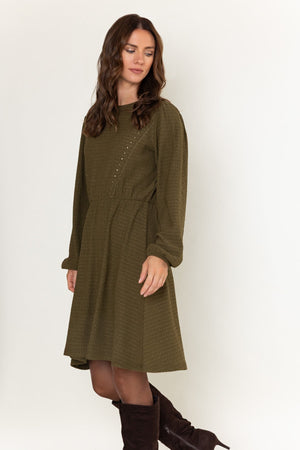 Carraig Donn Olive Green Textured Jersey Stud Detail Long Sleeve Knee Length Dress