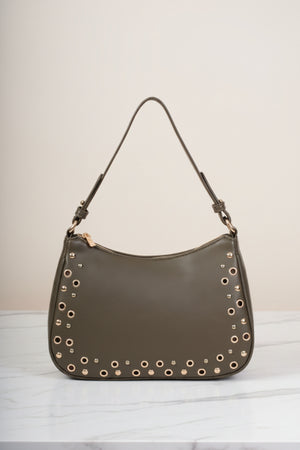 Olive Green Eyelet & Stud Shoulder Bag