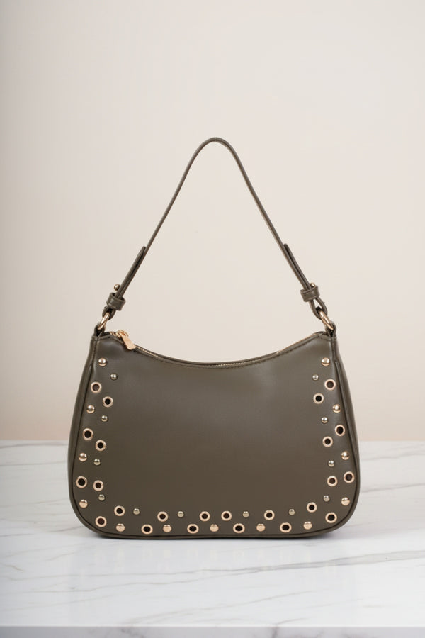 Olive Green Eyelet & Stud Shoulder Bag