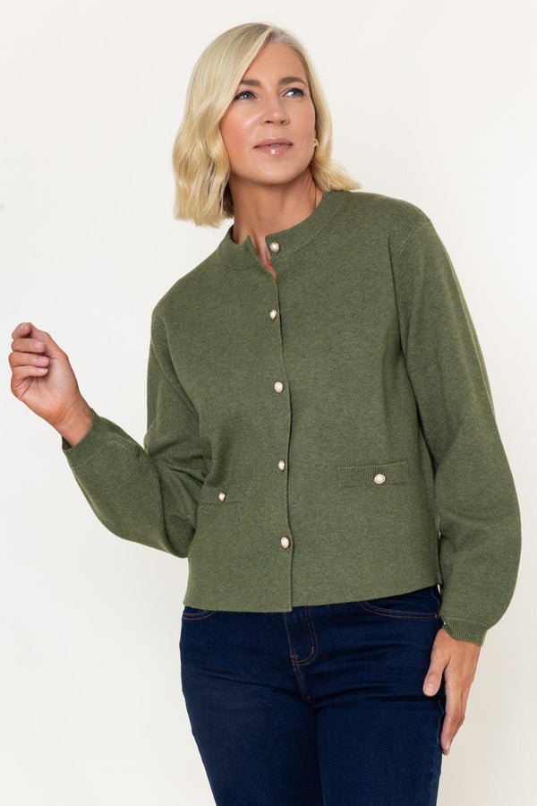 Carraig Donn Olive Pearl Button Long Sleeve Cardigan