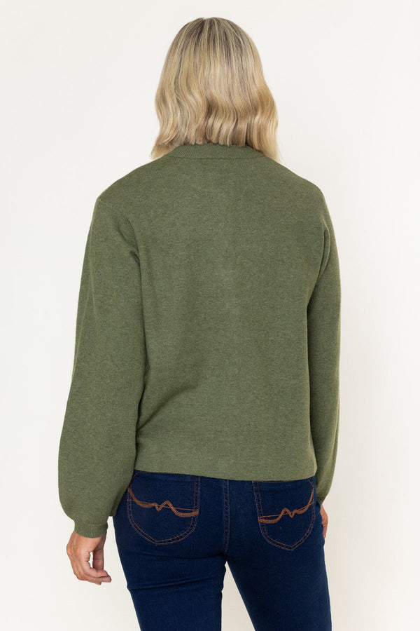 Carraig Donn Olive Pearl Button Long Sleeve Cardigan