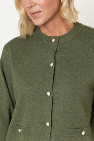 Carraig Donn Olive Pearl Button Long Sleeve Cardigan