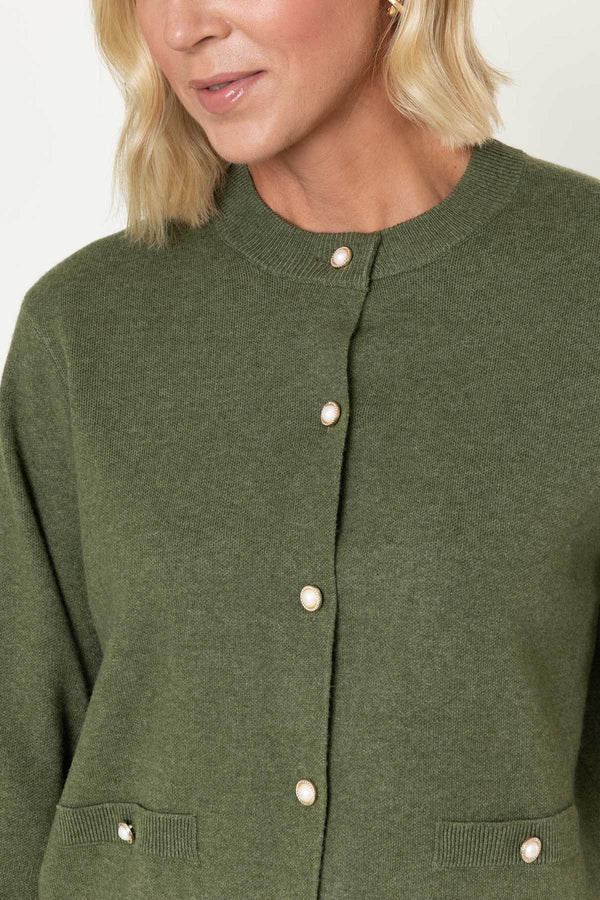 Carraig Donn Olive Pearl Button Long Sleeve Cardigan