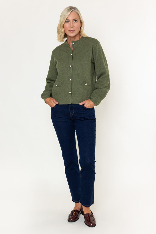 Carraig Donn Olive Pearl Button Long Sleeve Cardigan
