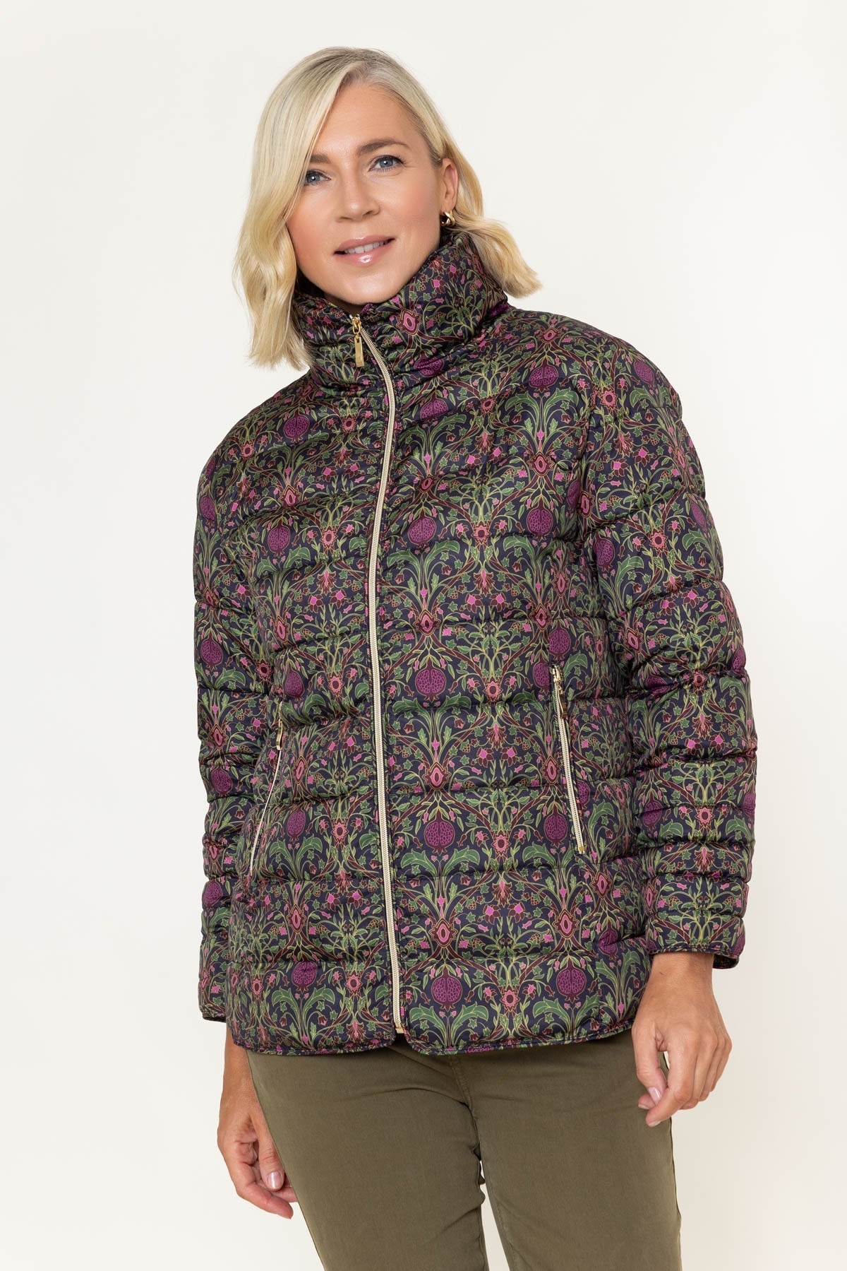 Olive Printed Quilted High Neck Zip Pocket Jacket