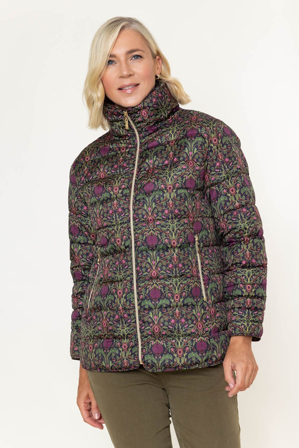 Carraig Donn Olive Printed Quilted High Neck Zip Pocket Jacket